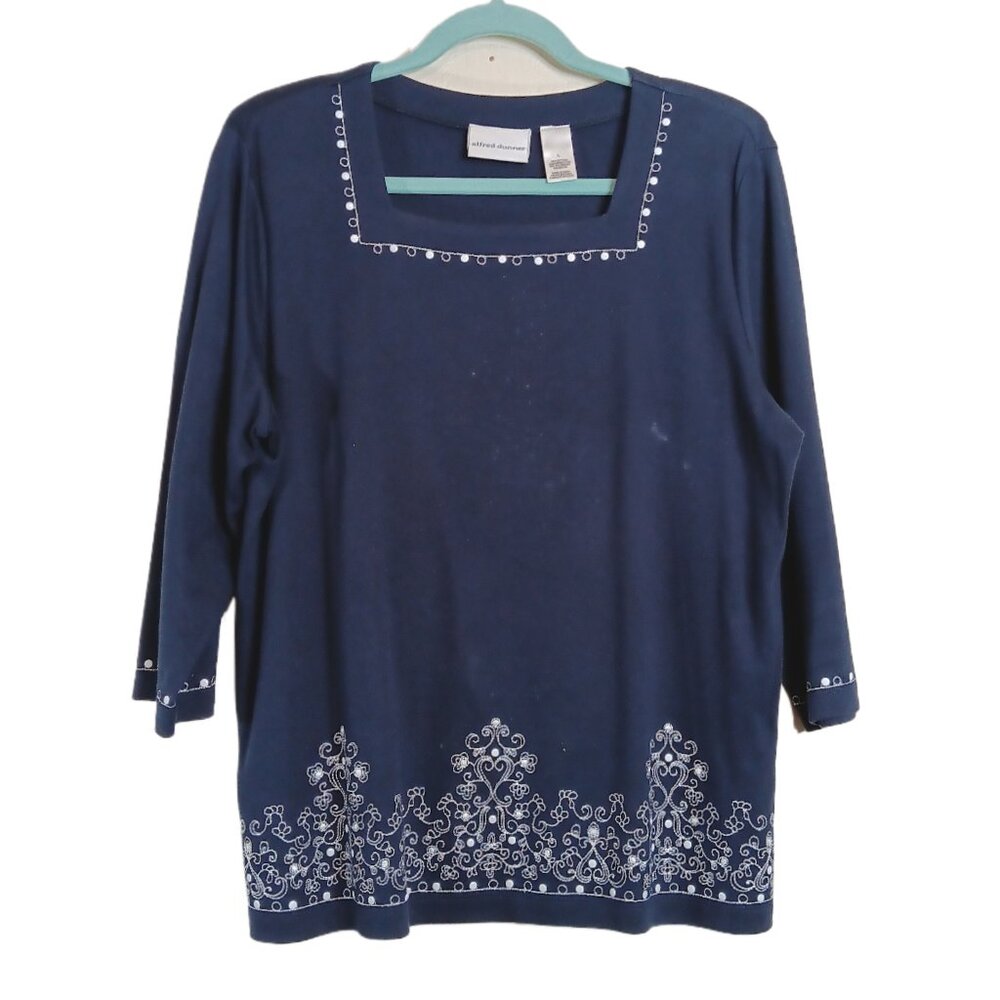 Alfred Dunner Embroidered Tunic Women’s L Blue Square Neck Boho Pullover